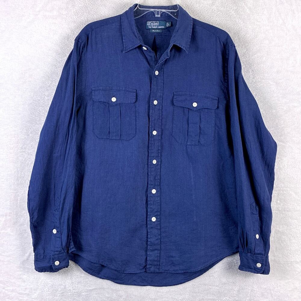 VTG Polo Ralph Lauren Shirt Mens L Navy Resort Linen Preppy Classic Heritage 90s